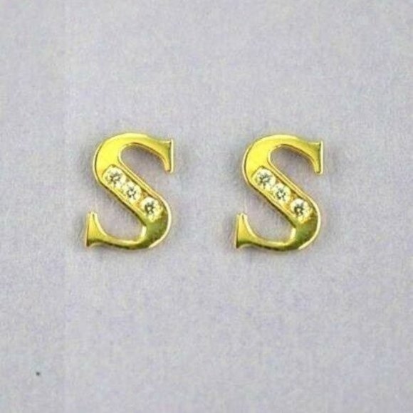 Solid 14k Yellow Gold Initial Letters Stud Earrings Sparkling White Stones Y